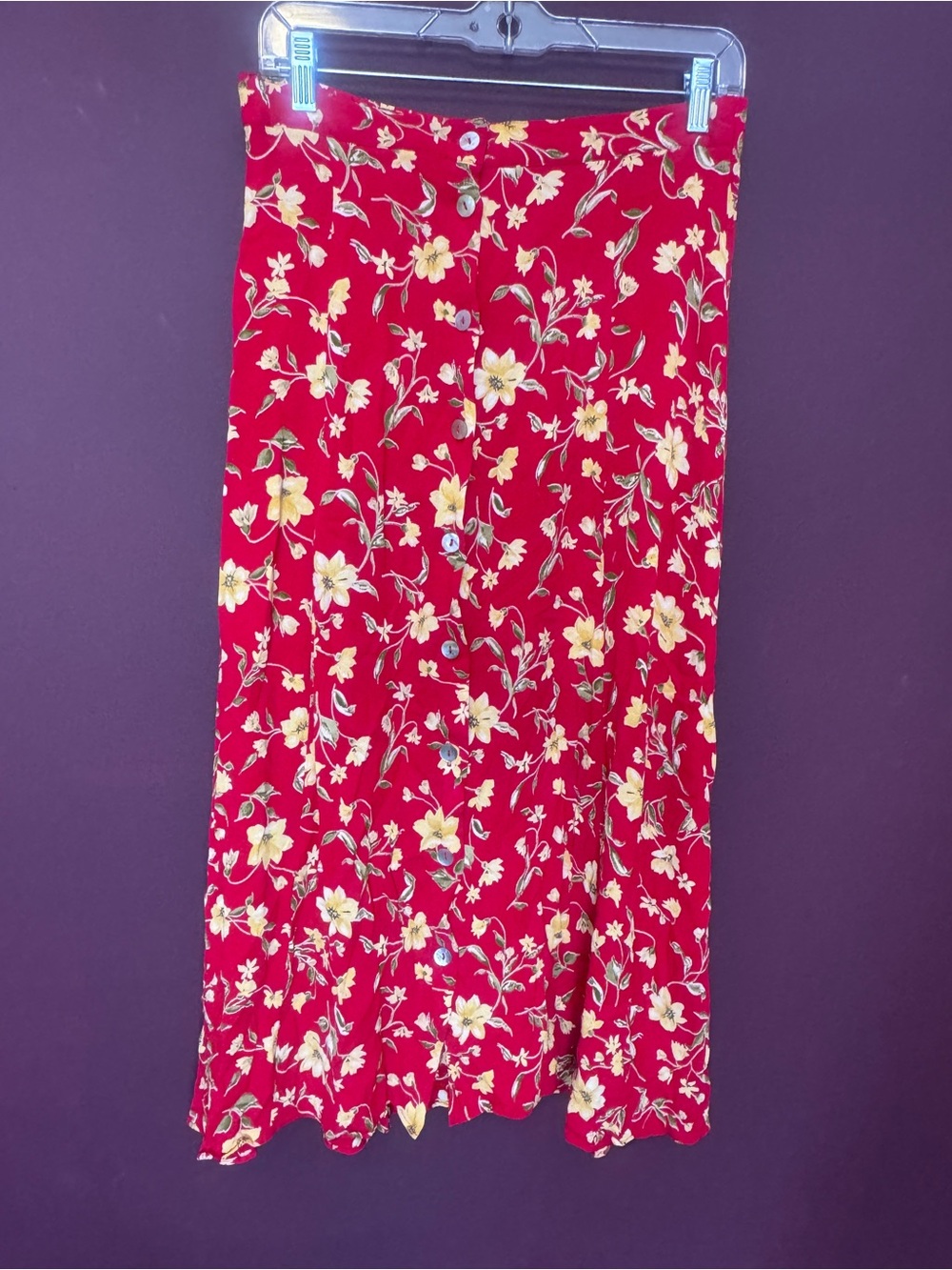 Vintage 90s Red Floral Button-Front Midi Skirt
